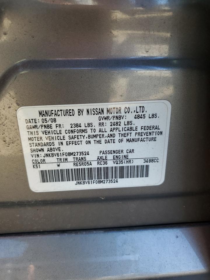 2008 Infiniti G VIN JNKBV61F08M273524 Copart auction photo, front end / side damage thumbnail 12