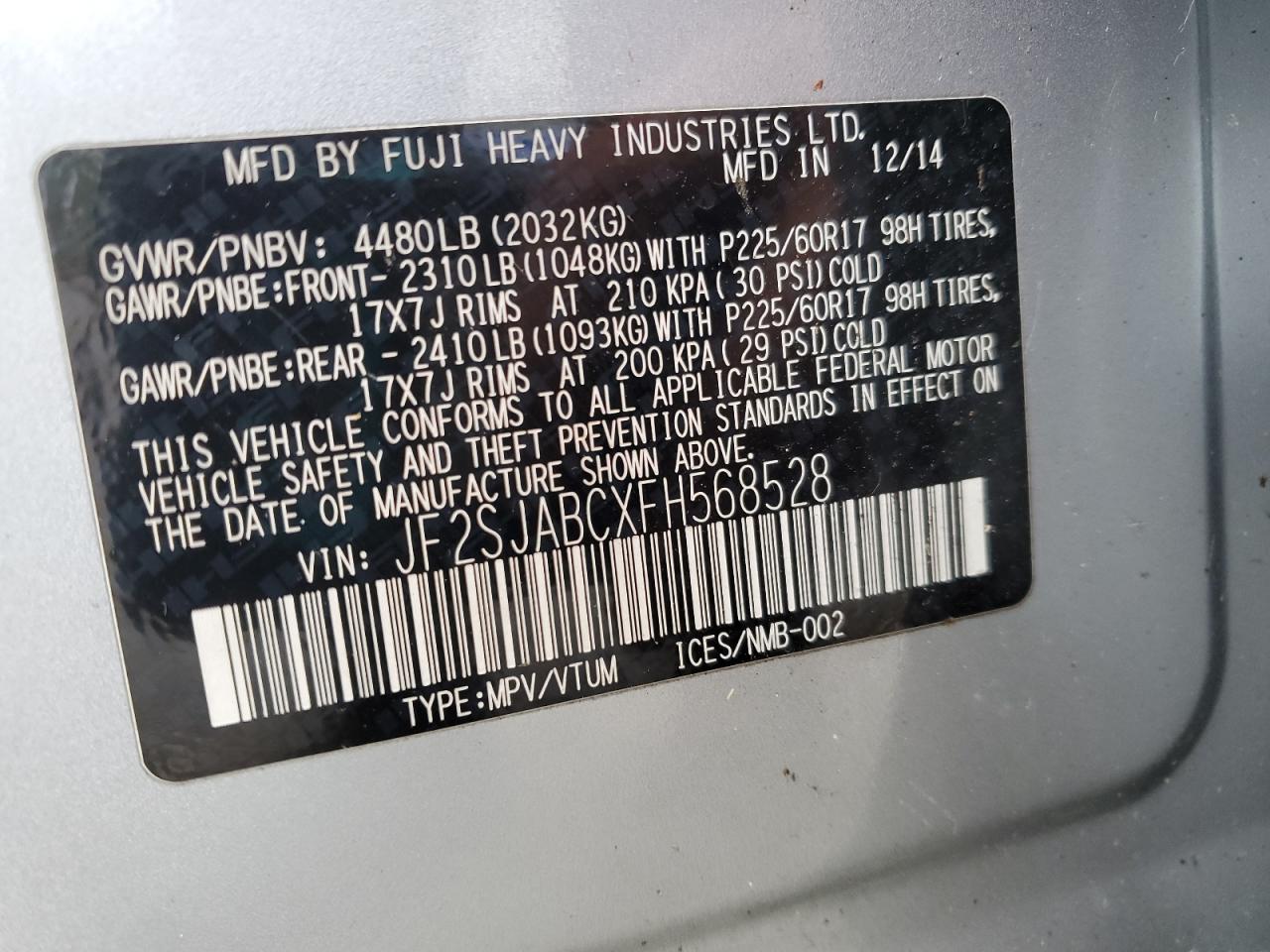 2015 Subaru Forester VIN JF2SJABCXFH568528 Copart auction photo, rear end damage thumbnail 13