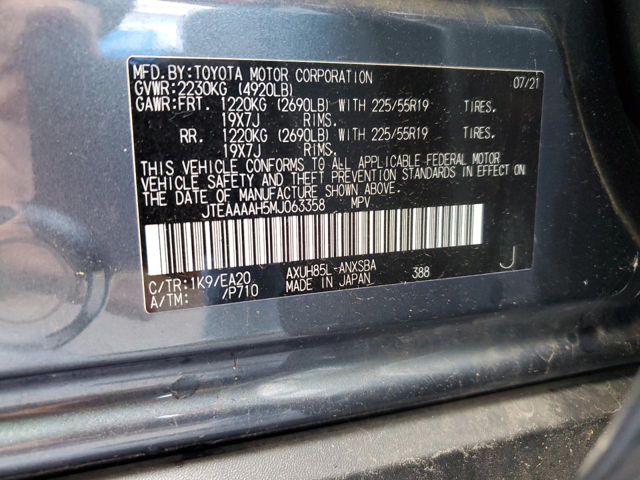 2021 Toyota Venza VIN JTEAAAAH5MJ063358 Copart auction photo, front end / rear end damage thumbnail 13