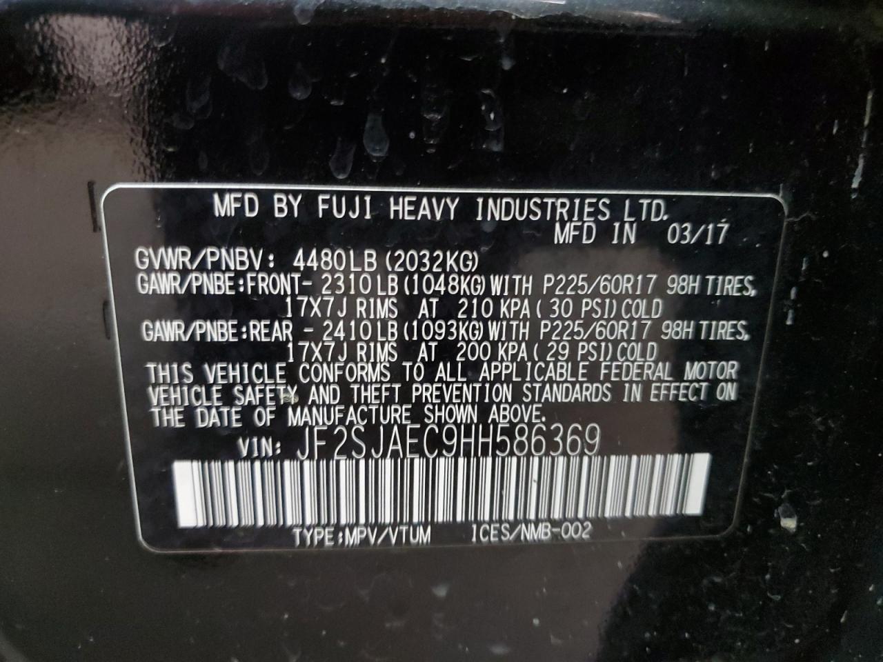2017 Subaru Forester VIN JF2SJAEC9HH586369 Copart auction photo, front end damage thumbnail 15