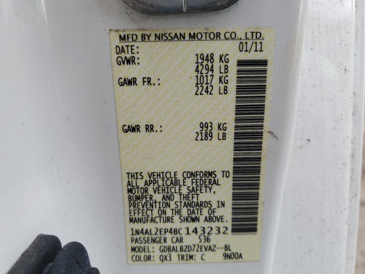 2011 Nissan Altima VIN 1N4AL2EP4BC143232 Copart auction photo, front end / side damage thumbnail 12