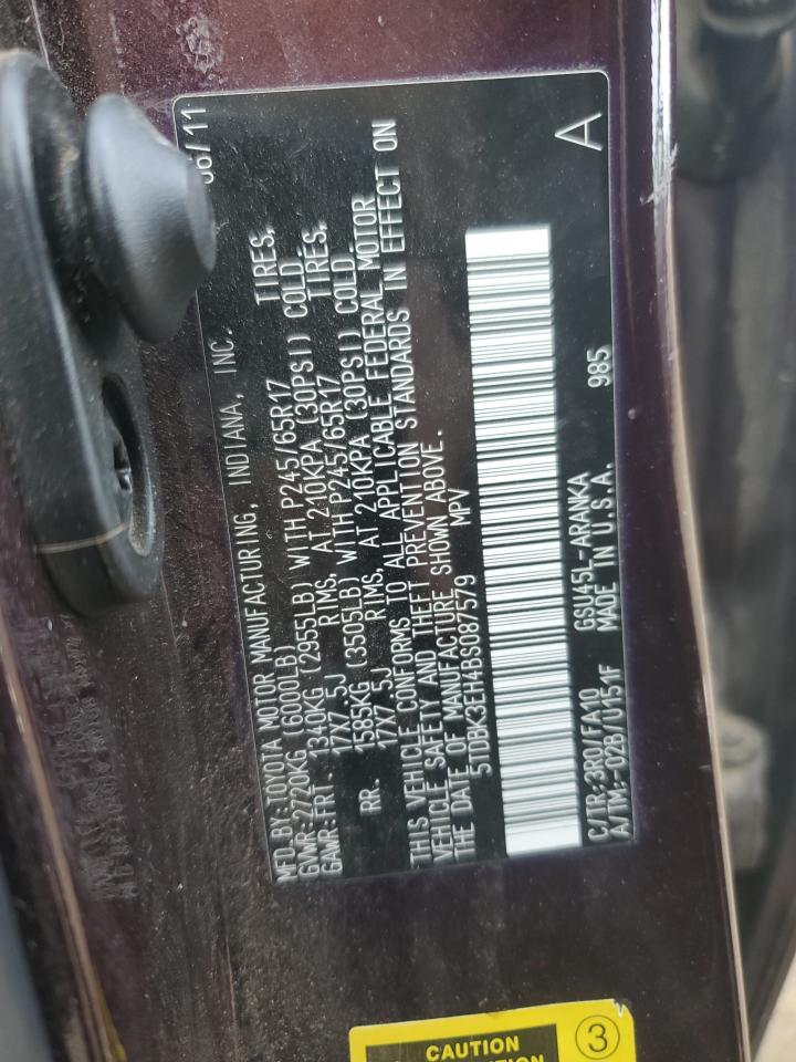 2011 Toyota Highlander VIN 5TDBK3EH4BS087579 Copart auction photo, front end damage thumbnail 14