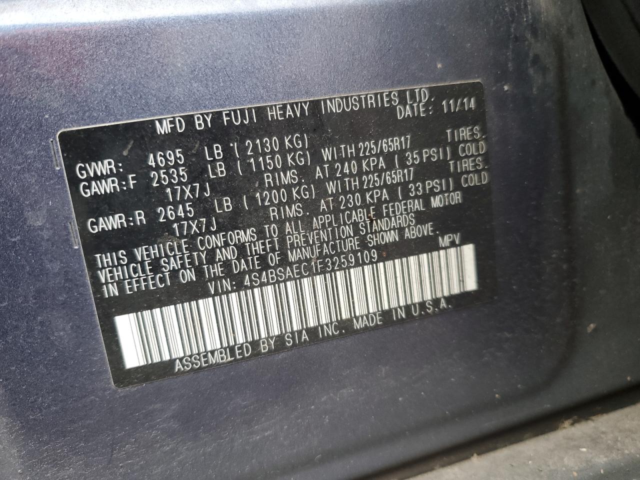 2015 Subaru Outback VIN 4S4BSAEC1F3259109 Copart auction photo, rear end damage thumbnail 14