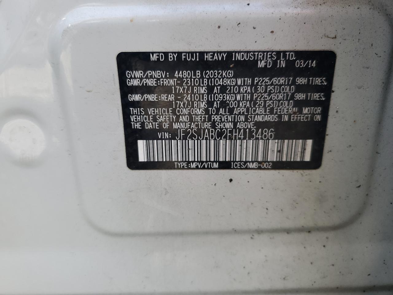 2015 Subaru Forester VIN JF2SJABC2FH413486 Copart auction photo, undercarriage damage thumbnail 12
