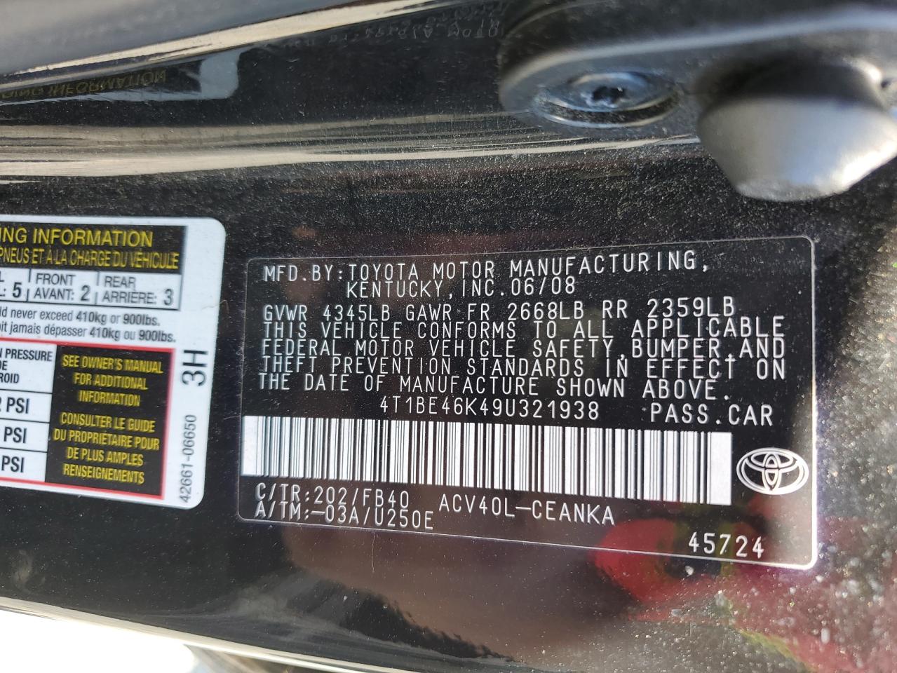 2009 Toyota Camry VIN 4T1BE46K49U321938 Copart auction photo, rear end / side damage thumbnail 13