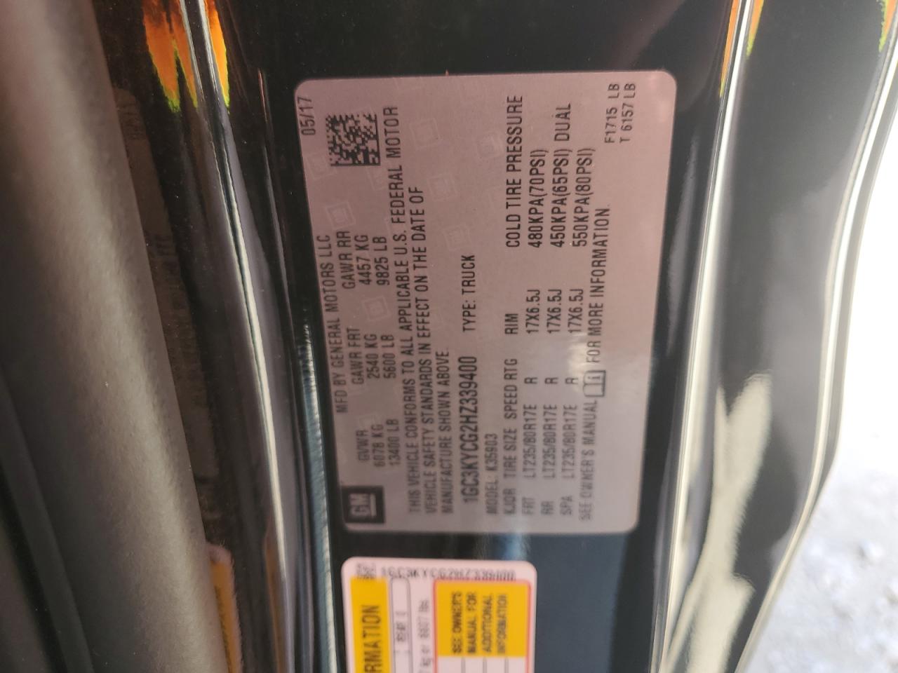2017 Chevrolet Silverado VIN 1GC3KYCG2HZ339400 Copart auction photo, all over damage thumbnail 14