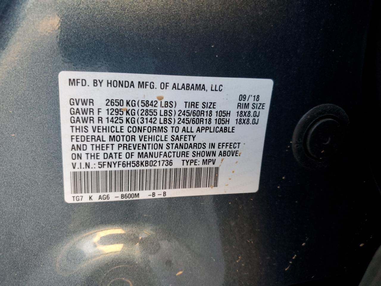 2019 Honda Pilot VIN 5FNYF6H58KB021736 Copart auction photo, water/flood damage thumbnail 14