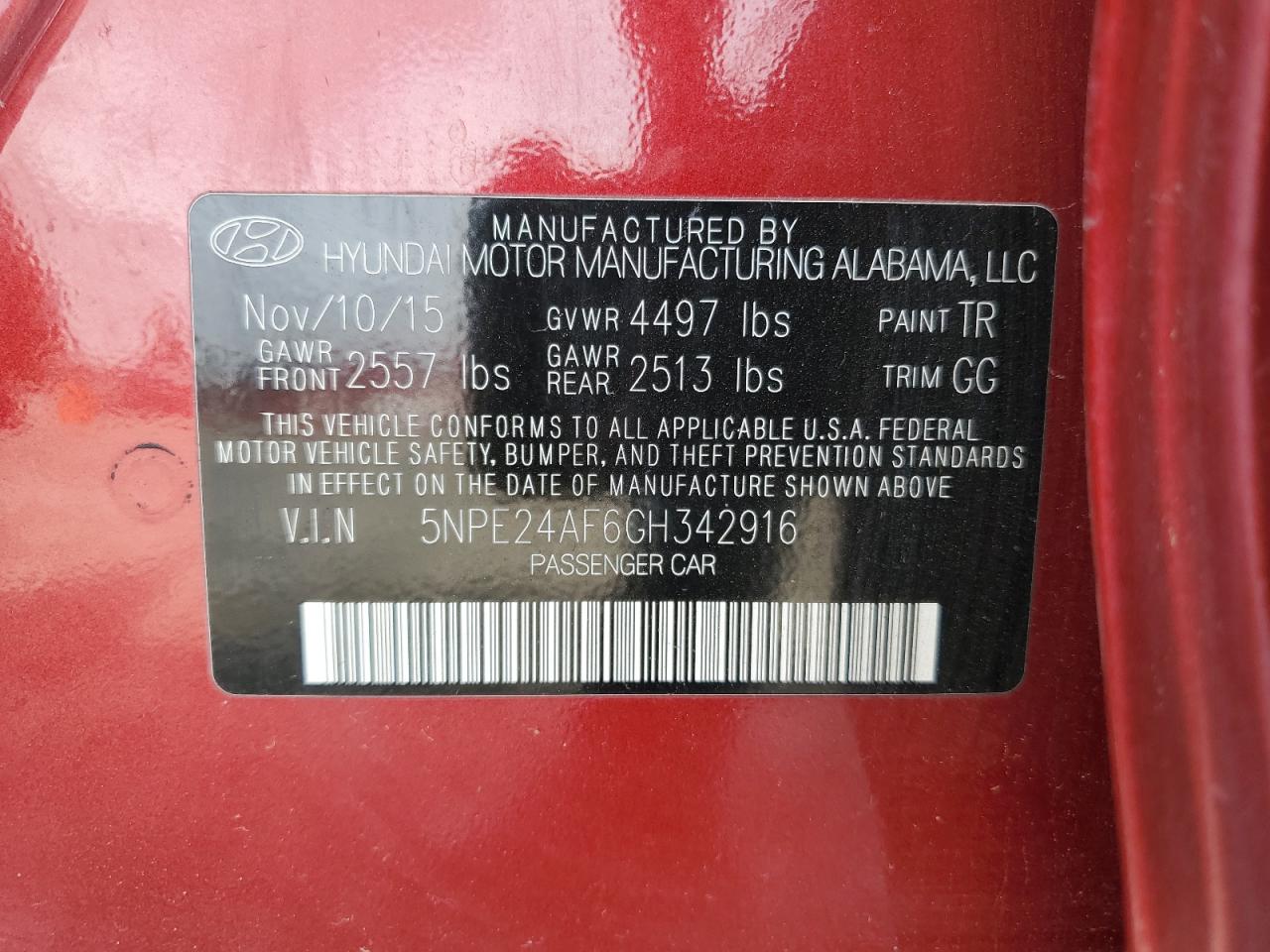 2016 Hyundai Sonata VIN 5NPE24AF6GH342916 Copart auction photo, vandalism / front end damage thumbnail 14