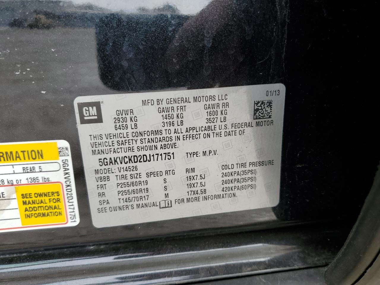 2013 Buick Enclave VIN 5GAKVCKD2DJ171751 Copart auction photo, rear end / undercarriage damage thumbnail 13