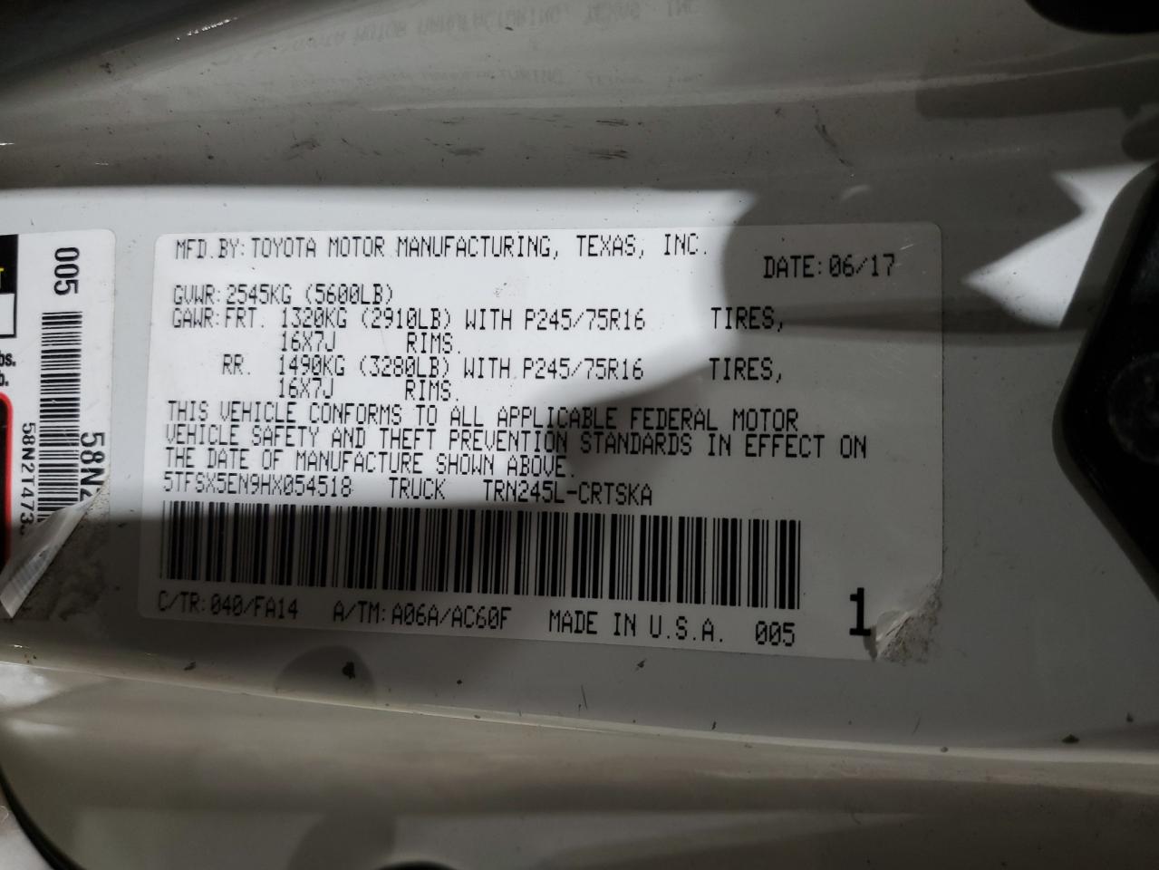 2017 Toyota Tacoma VIN 5TFSX5EN9HX054518 Copart auction photo, rollover damage thumbnail 12