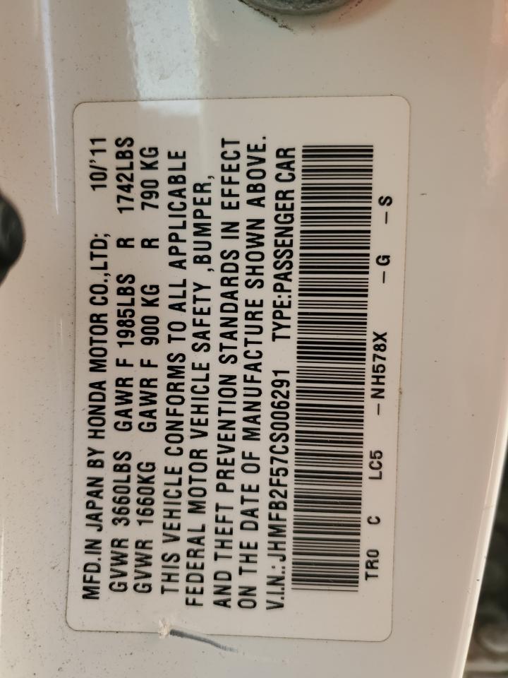 2012 Honda Civic VIN JHMFB2F57CS006291 Copart auction photo, front end damage thumbnail 12