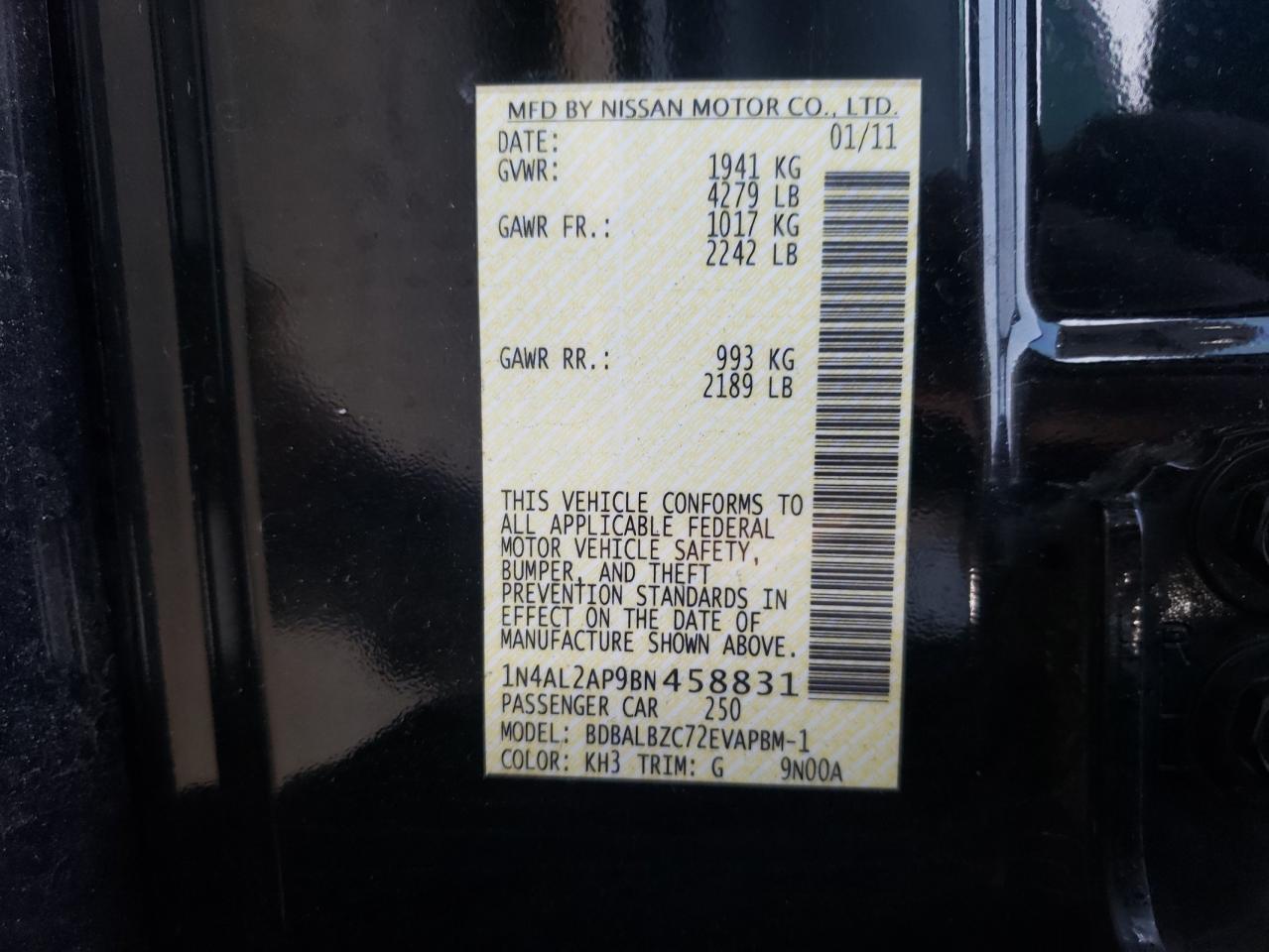 2011 Nissan Altima VIN 1N4AL2AP9BN458831 Copart auction photo, side damage thumbnail 12