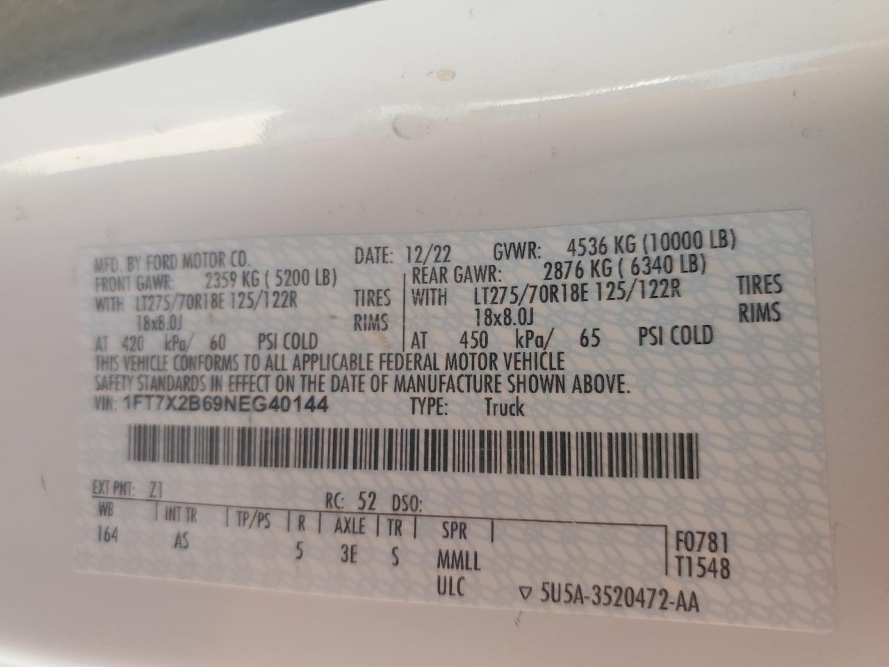 2022 Ford F250 VIN 1FT7X2B69NEG40144 Copart auction photo, front end damage thumbnail 13