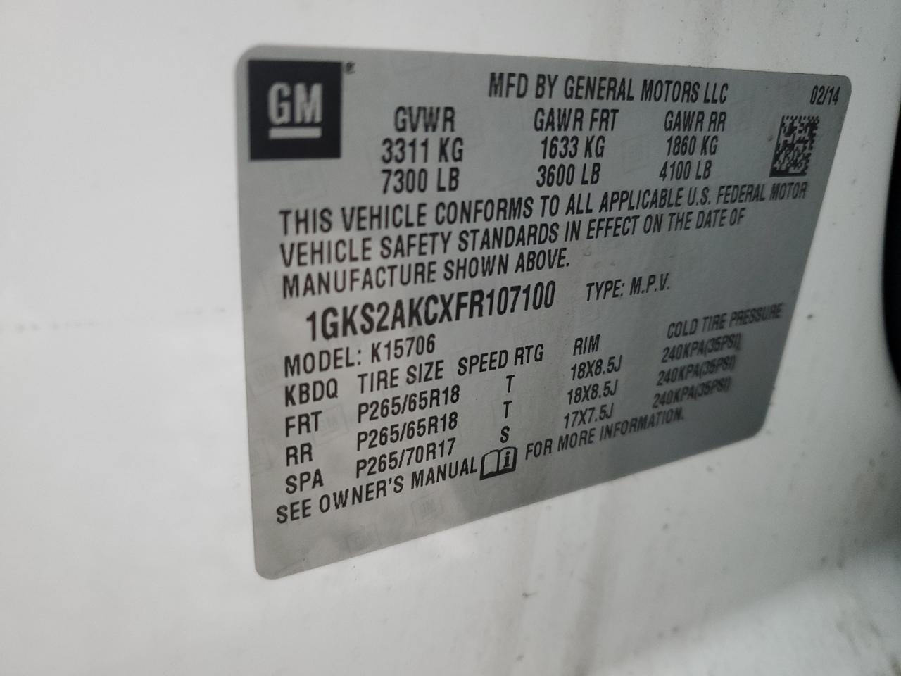 2015 GMC Yukon VIN 1GKS2AKCXFR107100 Copart auction photo, front end damage thumbnail 16