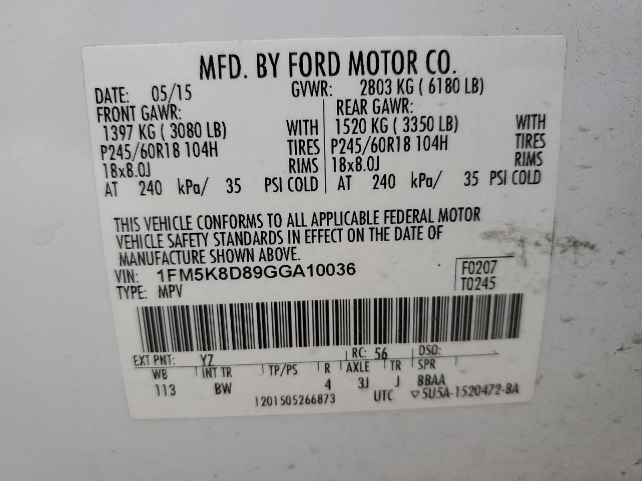 2016 Ford Explorer VIN 1FM5K8D89GGA10036 Copart auction photo, front end / undercarriage damage thumbnail 13