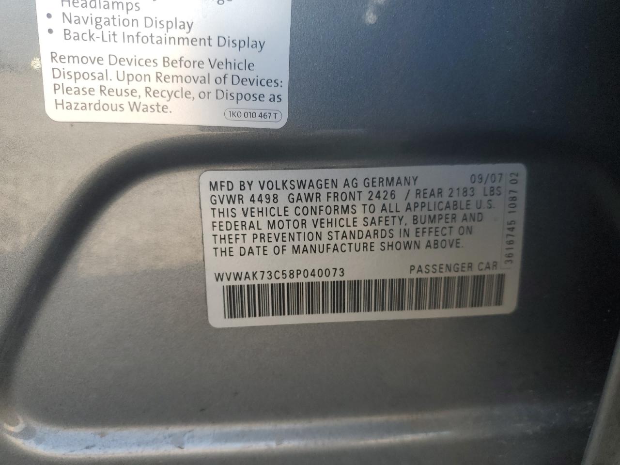 2008 Volkswagen Passat VIN WVWAK73C58P040073 Copart auction photo, side damage thumbnail 14
