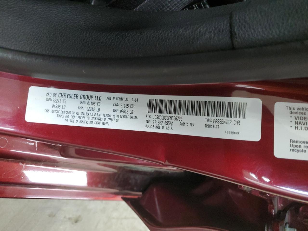 2015 Chrysler 200 VIN 1C3CCCDG9FN556739 Copart auction photo, front end damage thumbnail 12