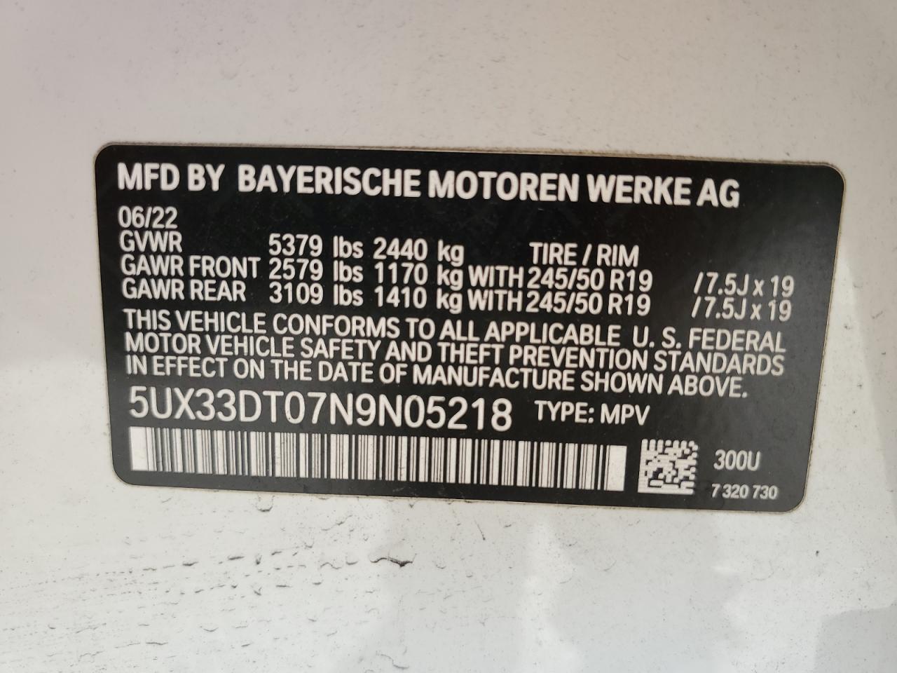 2022 BMW X4 VIN 5UX33DT07N9N05218 Copart auction photo, front end / rear end damage thumbnail 15
