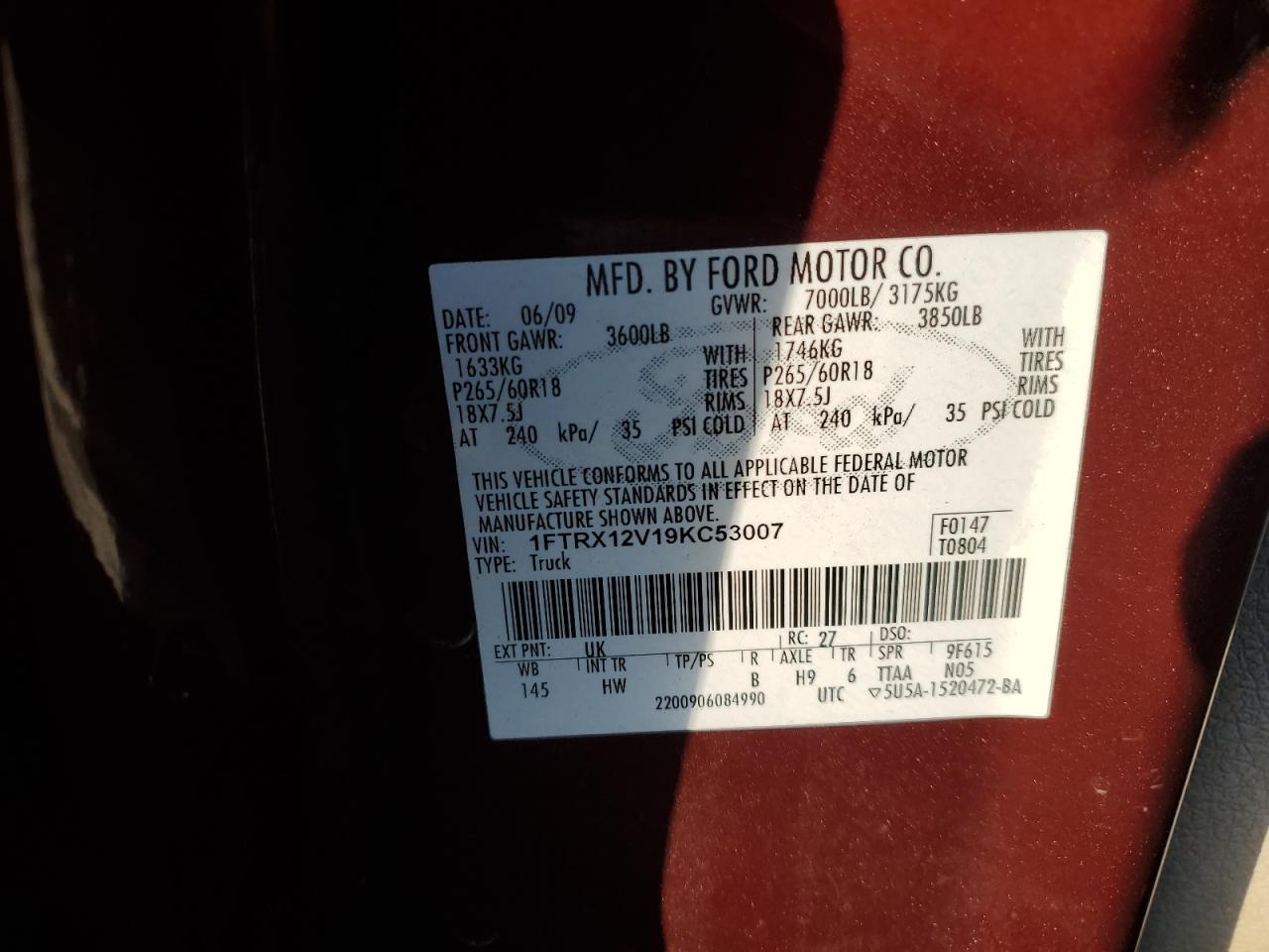 2009 Ford F-150 VIN 1FTRX12V19KC53007 Copart auction photo, all over damage thumbnail 14