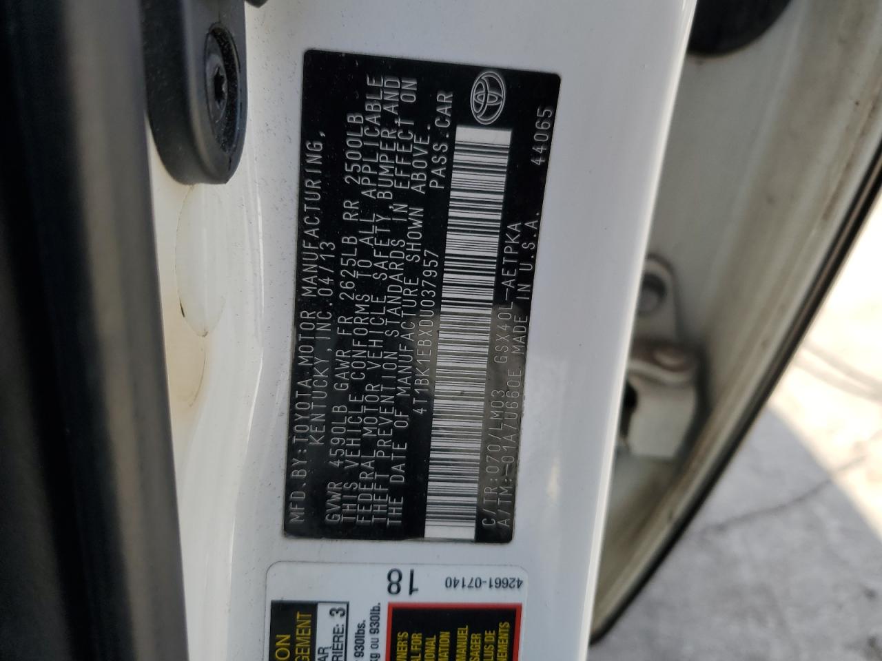 2013 Toyota Avalon VIN 4T1BK1EBXDU037957 Copart auction photo, rear end damage thumbnail 12