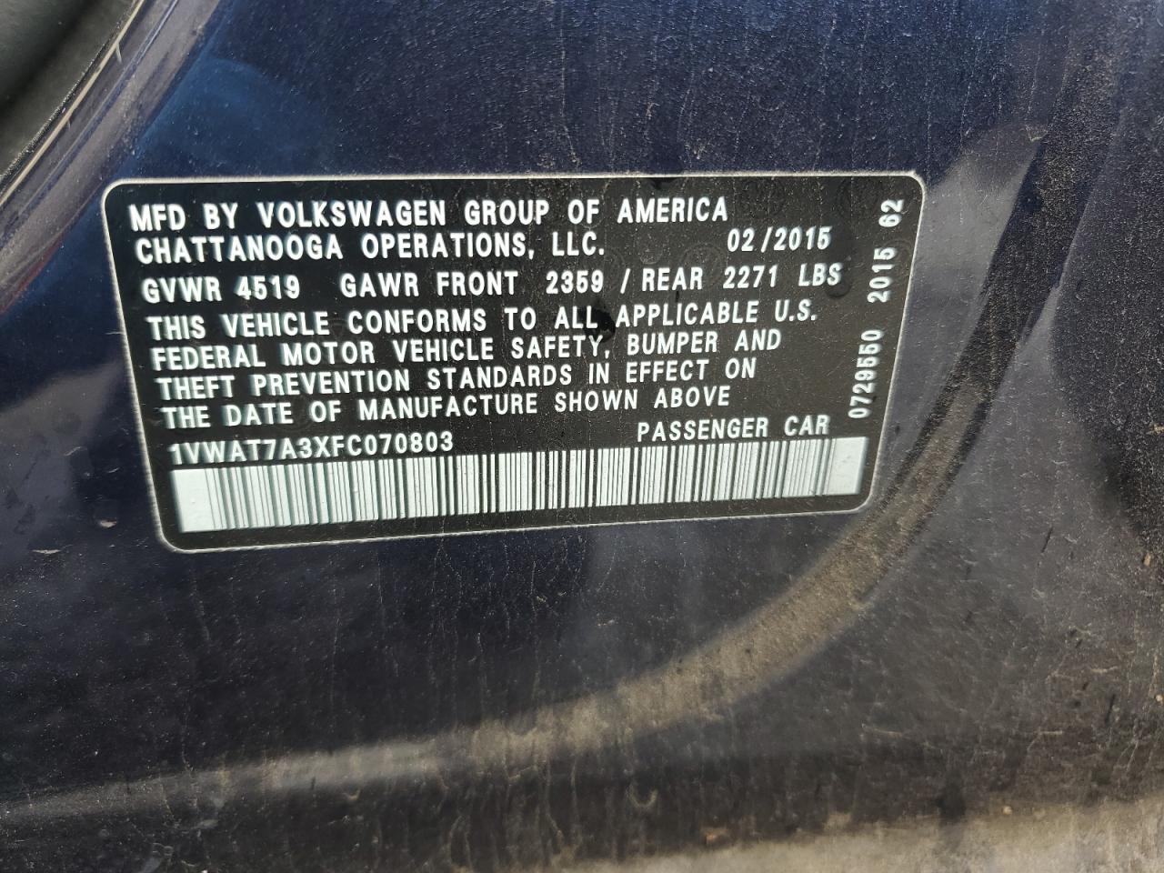 2015 Volkswagen Passat VIN 1VWAT7A3XFC070803 Copart auction photo, mechanical damage thumbnail 12