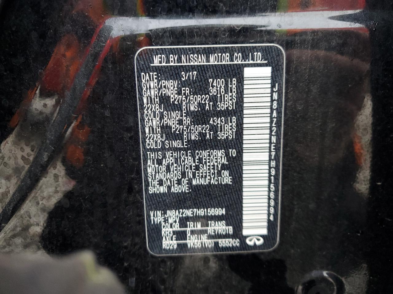 2017 Infiniti QX80 VIN JN8AZ2NE7H9156994 Copart auction photo, front end damage thumbnail 15