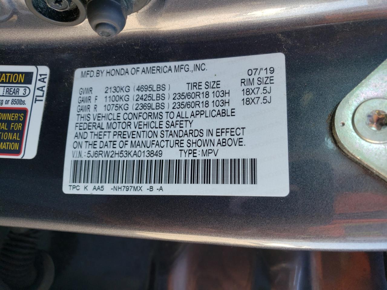 2019 Honda CR-V VIN 5J6RW2H53KA013849 Copart auction photo, rear end / hail damage thumbnail 13