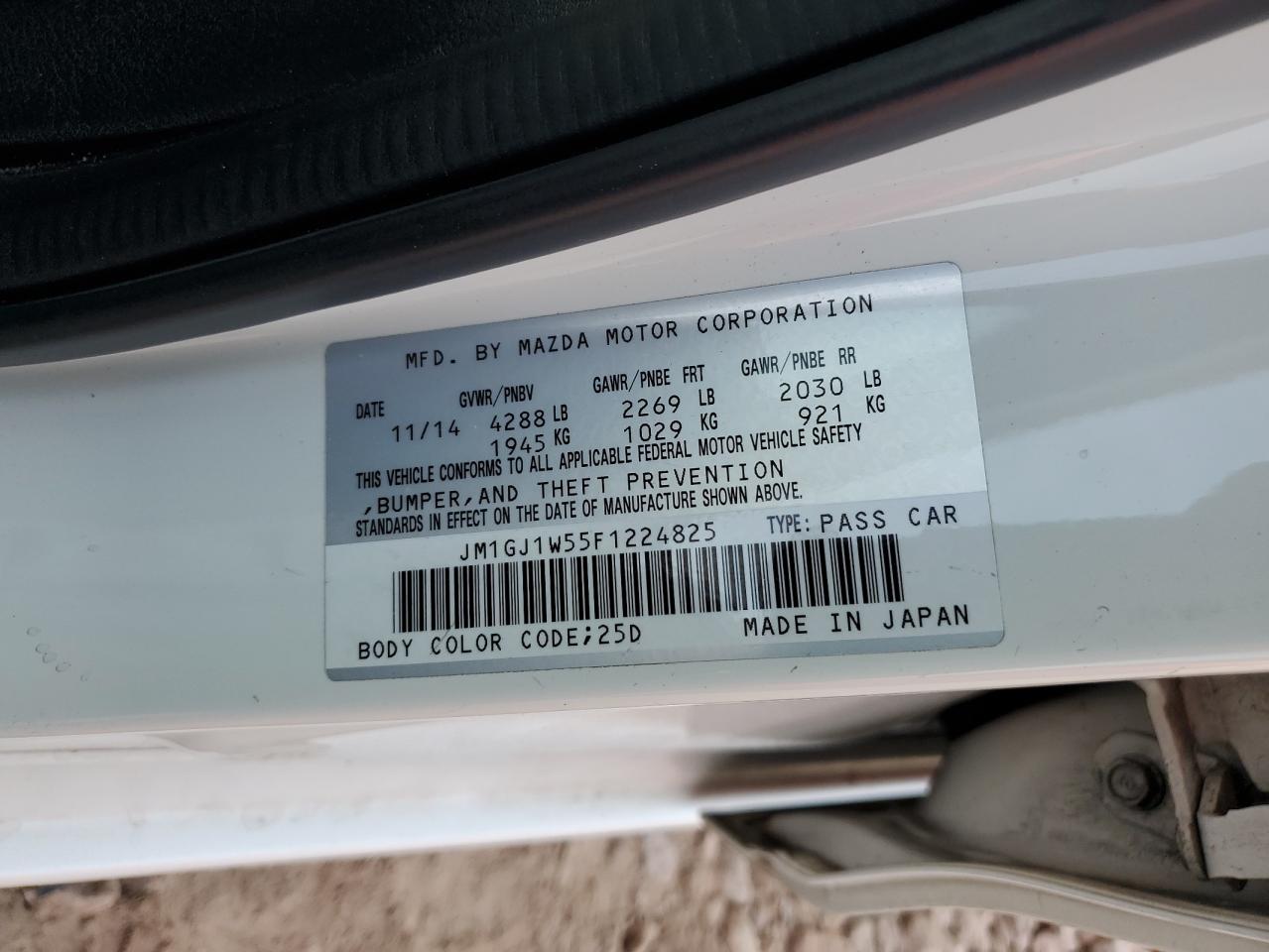 2015 Mazda 6 VIN JM1GJ1W55F1224825 Copart auction photo, rear end / front end damage thumbnail 14