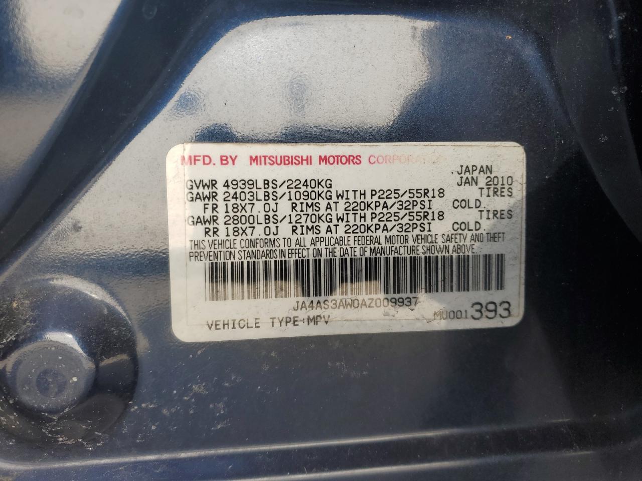 2010 Mitsubishi Outlander VIN JA4AS3AW0AZ009937 Copart auction photo, rear end / side damage thumbnail 13
