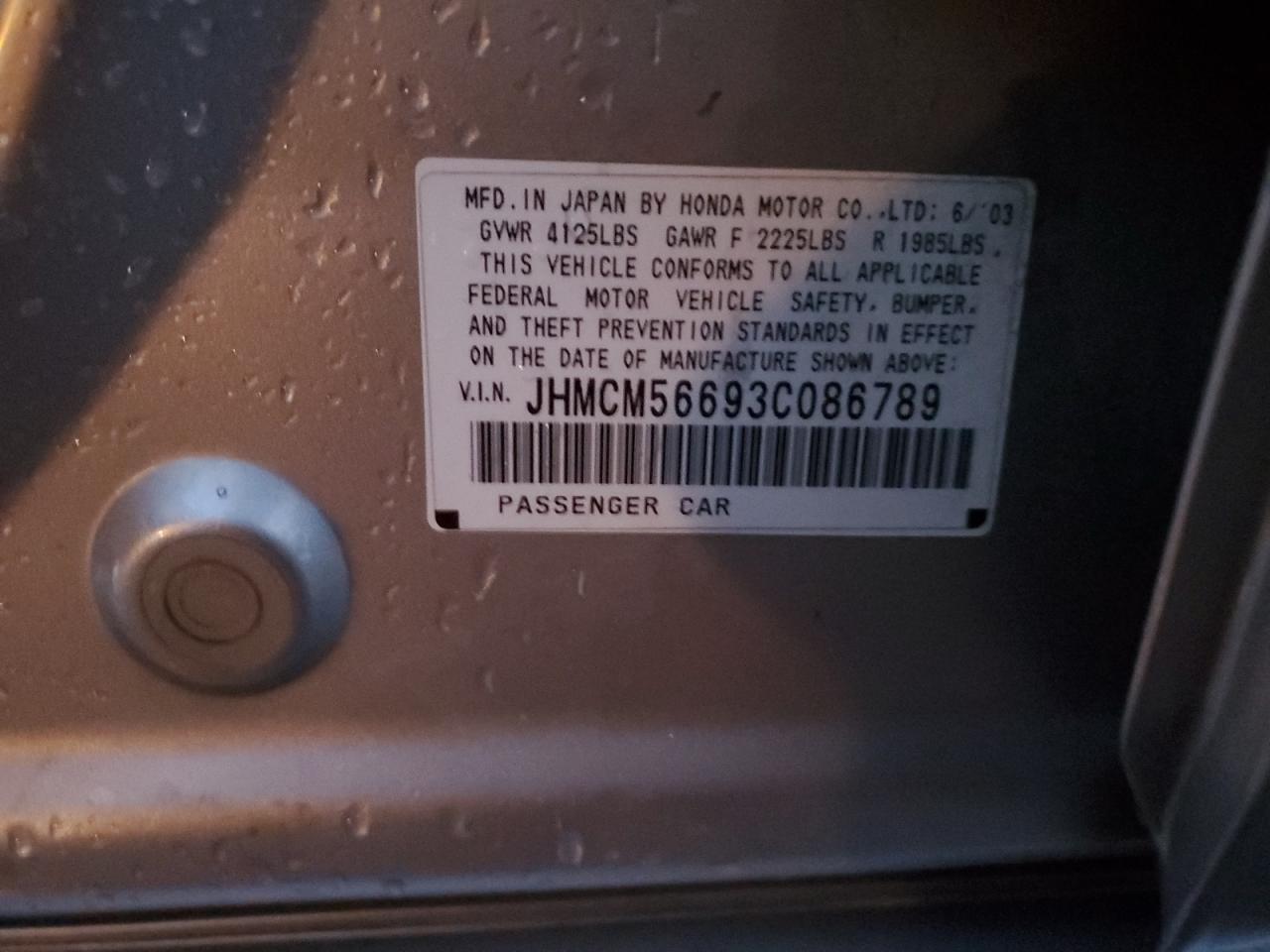 2003 Honda Accord VIN JHMCM56693C086789 Copart auction photo, side / rear end damage thumbnail 12