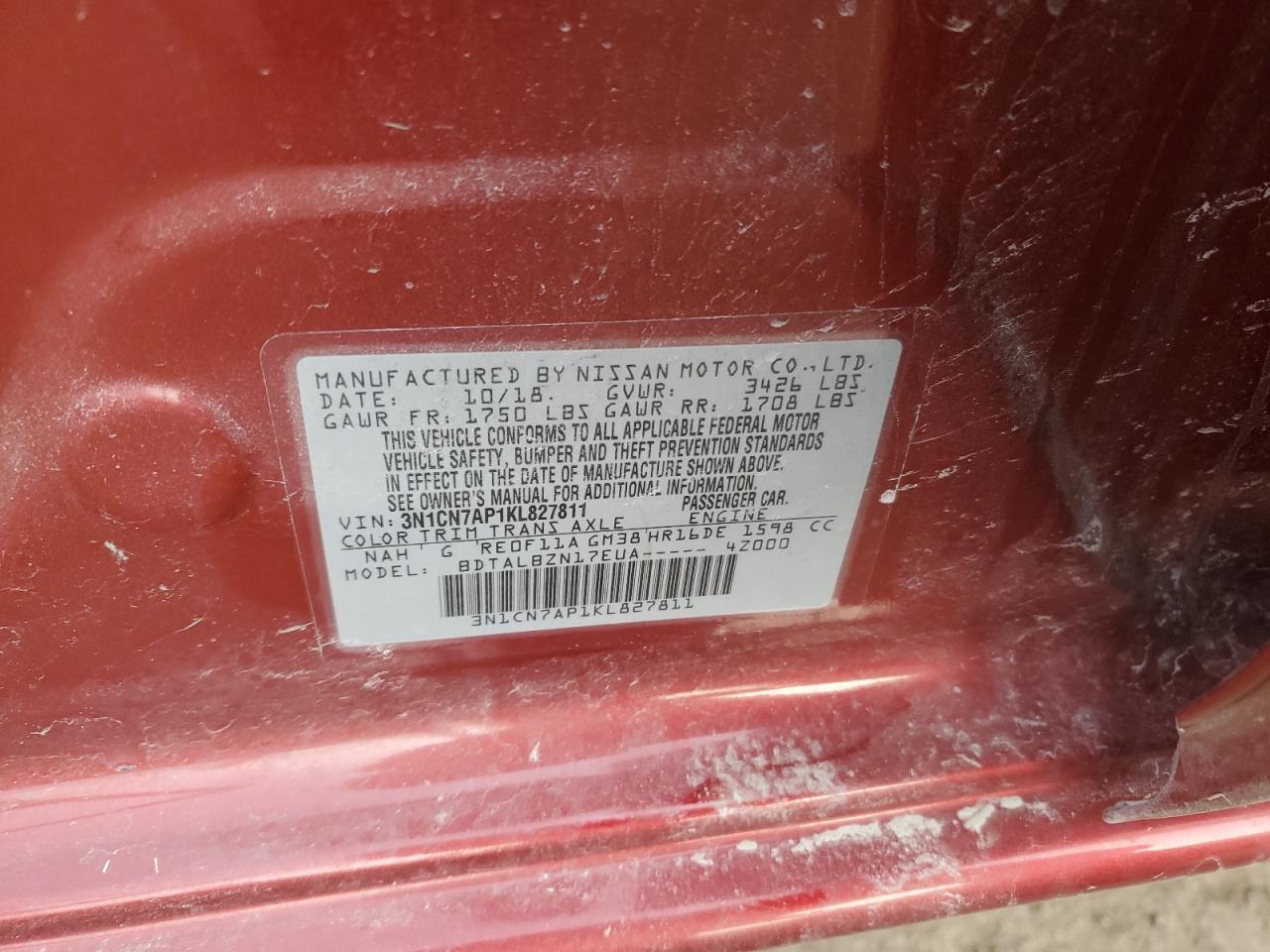 2019 Nissan Versa VIN 3N1CN7AP1KL827811 Copart auction photo, front end damage thumbnail 14