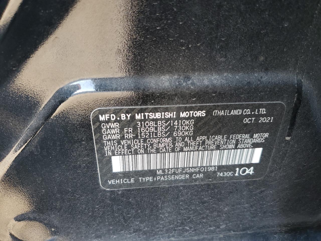 2022 Mitsubishi Mirage VIN ML32FUFJ5NHF01981 Copart auction photo, front end damage thumbnail 14