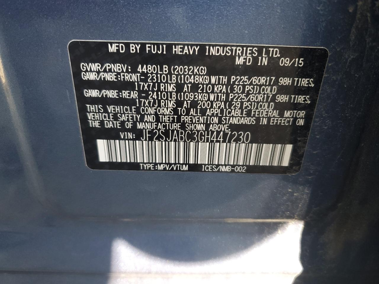 2016 Subaru Forester VIN JF2SJABC3GH447230 Copart auction photo, front end damage thumbnail 13