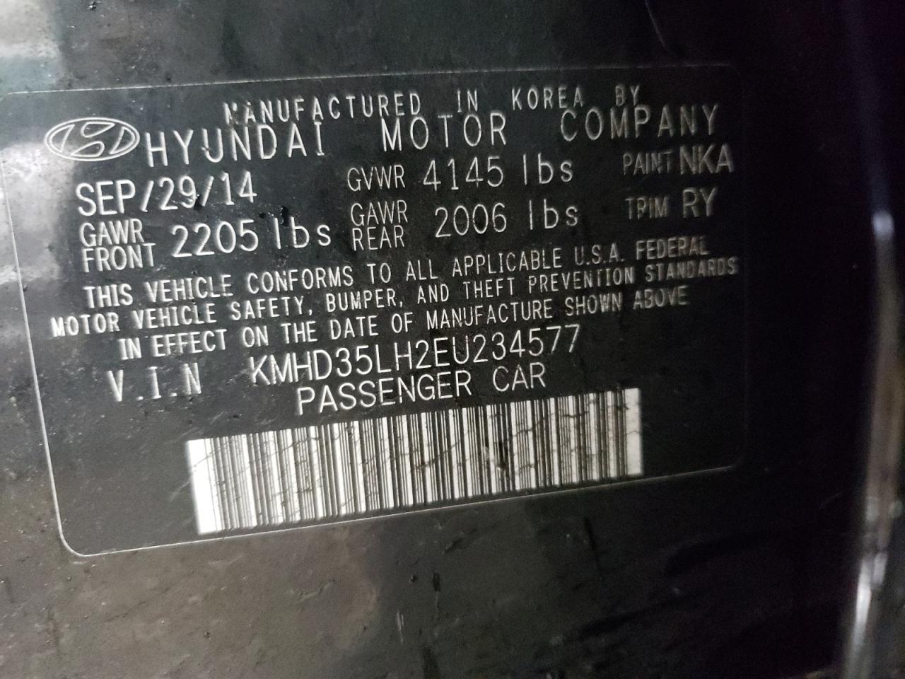 2014 Hyundai Elantra VIN KMHD35LH2EU234577 Copart auction photo, front end damage thumbnail 12