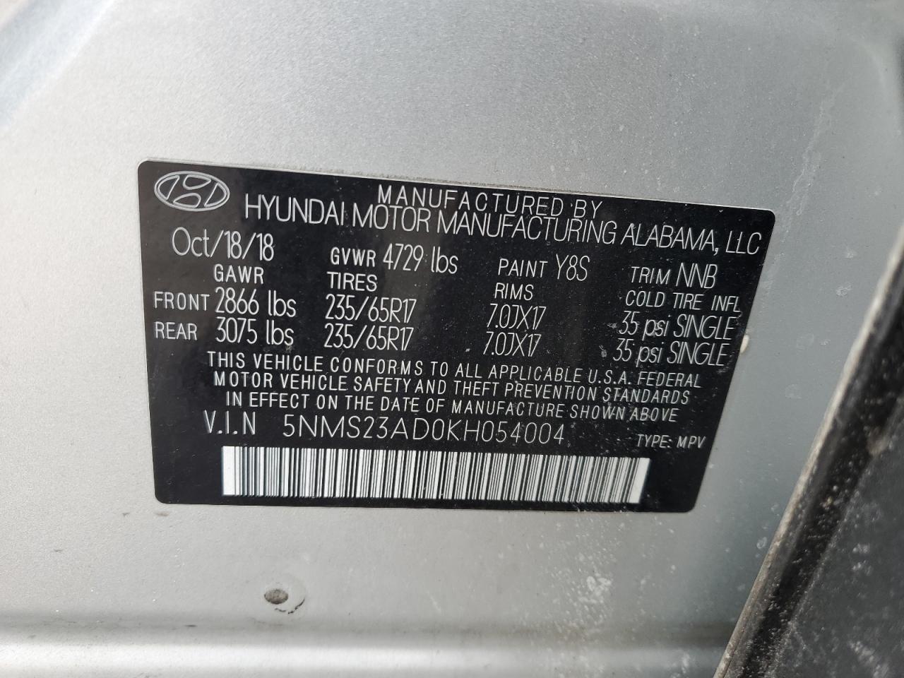 2019 Hyundai Santa Fe VIN 5NMS23AD0KH054004 Copart auction photo, rear end damage thumbnail 13