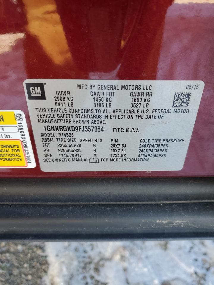 2015 Chevrolet Traverse VIN 1GNKRGKD9FJ357064 Copart auction photo, front end damage thumbnail 14