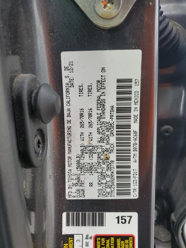 2022 Toyota Tacoma VIN 3TMCZ5AN2NM473770 Copart auction photo, rear end / front end damage thumbnail 13