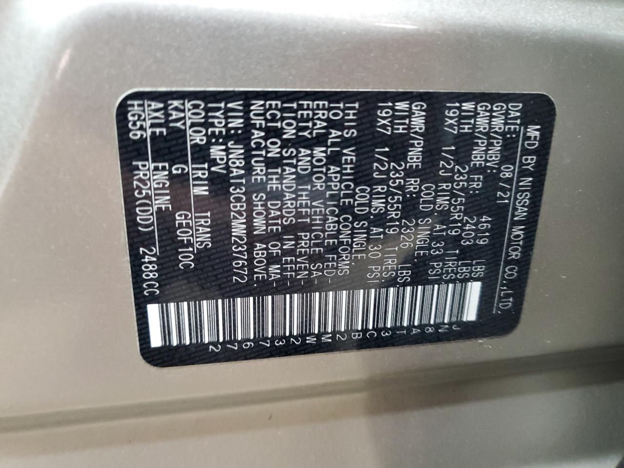 2021 Nissan Rogue VIN JN8AT3CB2MW237672 Copart auction photo, front end / side damage thumbnail 15