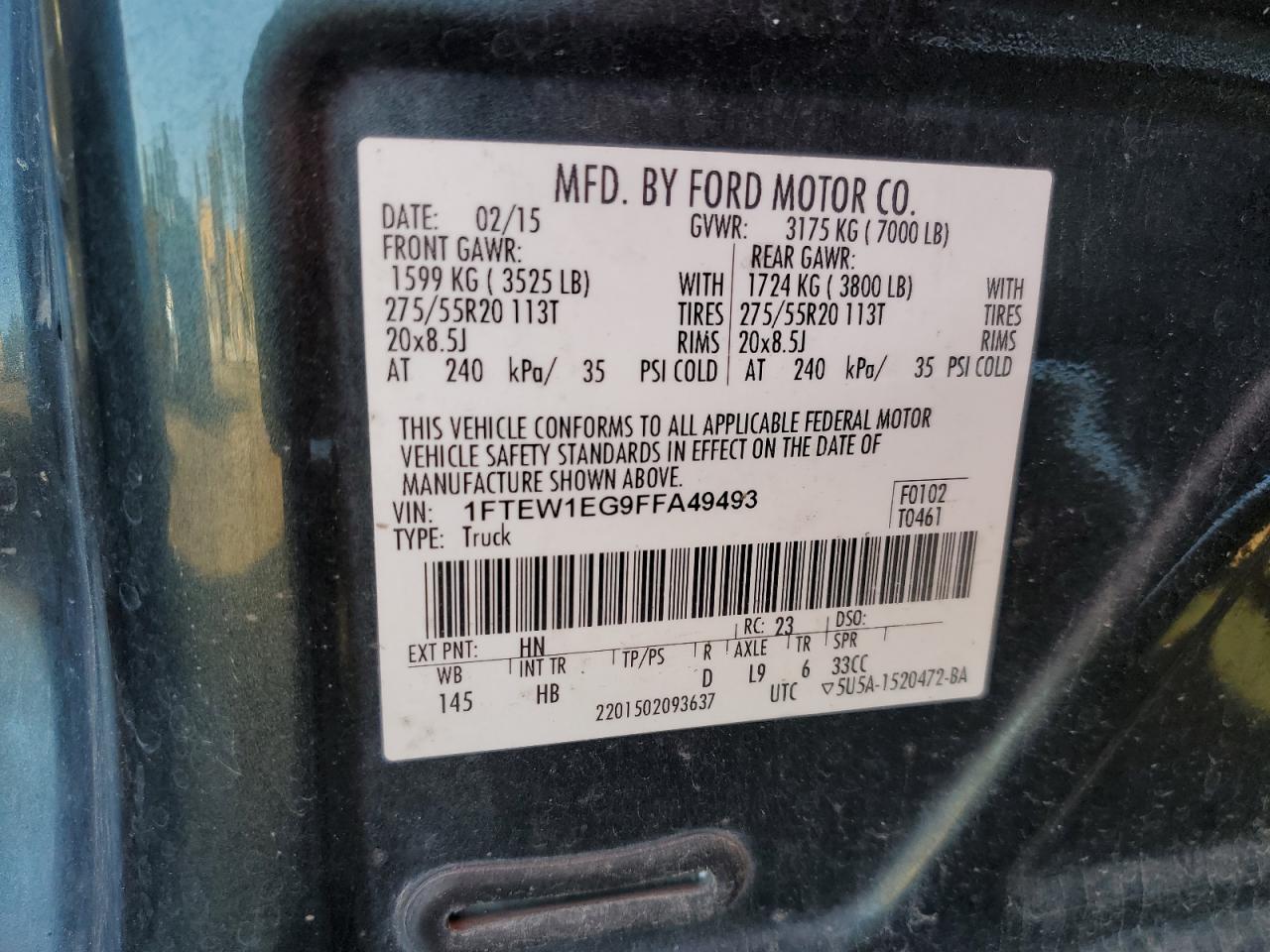 2015 Ford F-150 VIN 1FTEW1EG9FFA49493 Copart auction photo, water/flood damage thumbnail 13