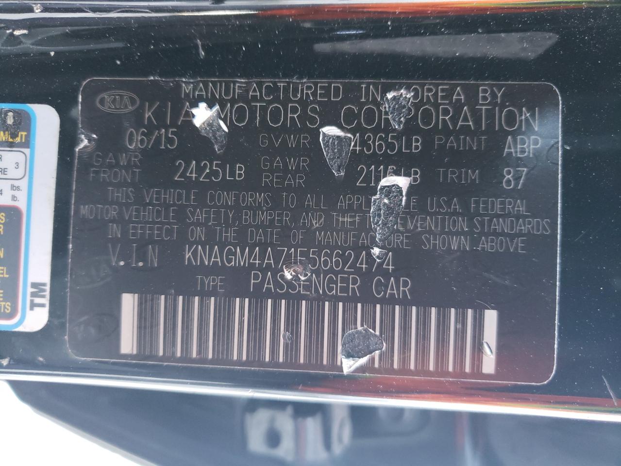 2015 KIA Optima VIN KNAGM4A71F5662474 Copart auction photo, vandalism / all over damage thumbnail 14