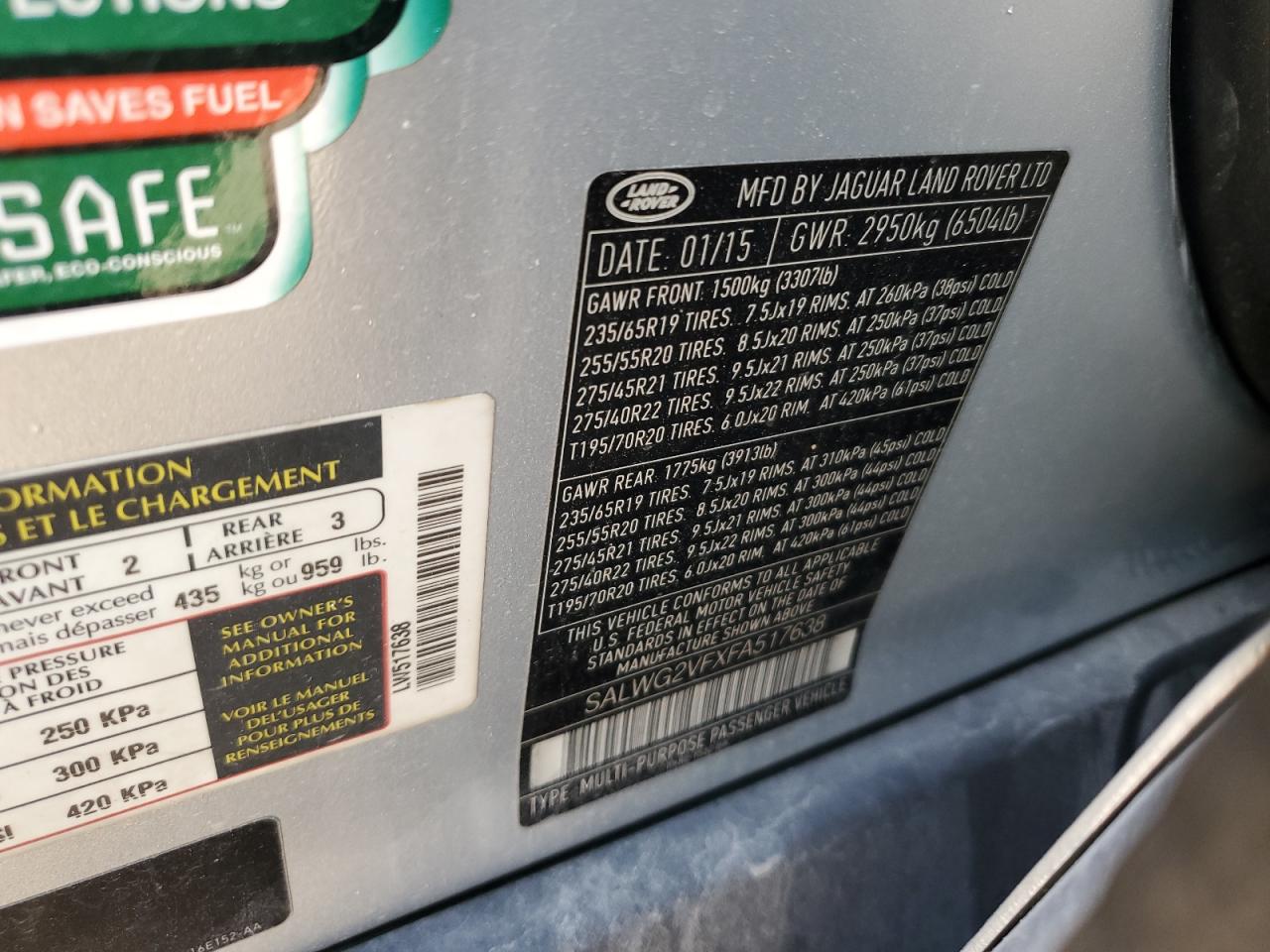 2015 Land Rover Range Rover VIN SALWG2VFXFA517638 Copart auction photo, unknown / side damage thumbnail 15