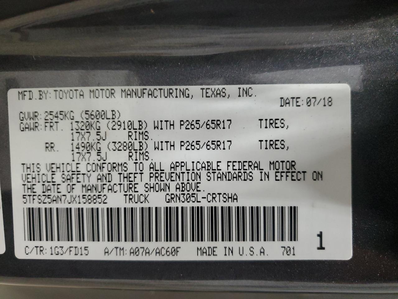 2018 Toyota Tacoma VIN 5TFSZ5AN7JX158852 Copart auction photo, rear end damage thumbnail 12