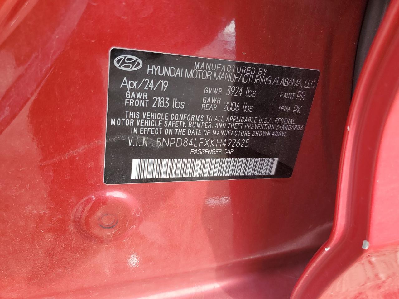 2019 Hyundai Elantra VIN 5NPD84LFXKH492625 Copart auction photo, rear end damage thumbnail 13
