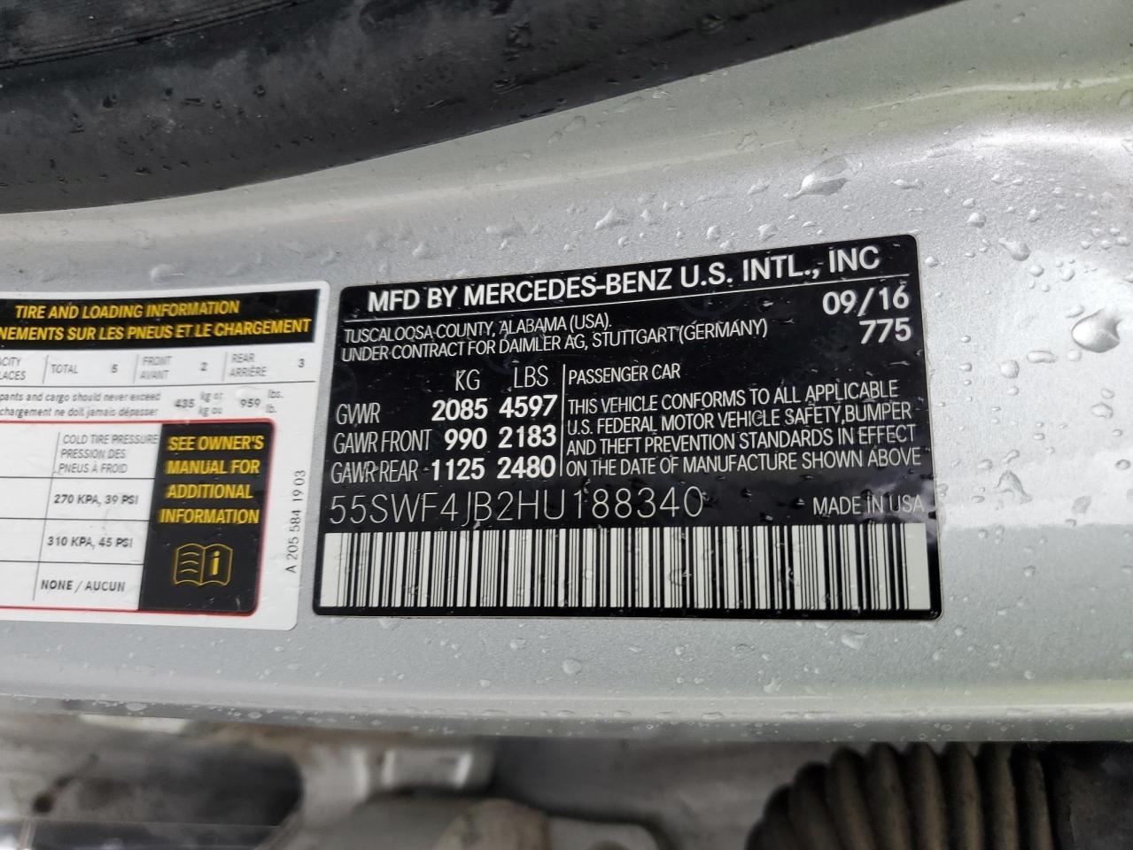2017 Mercedes-Benz C-klasse VIN 55SWF4JB2HU188340 Copart auction photo, rear end damage thumbnail 12
