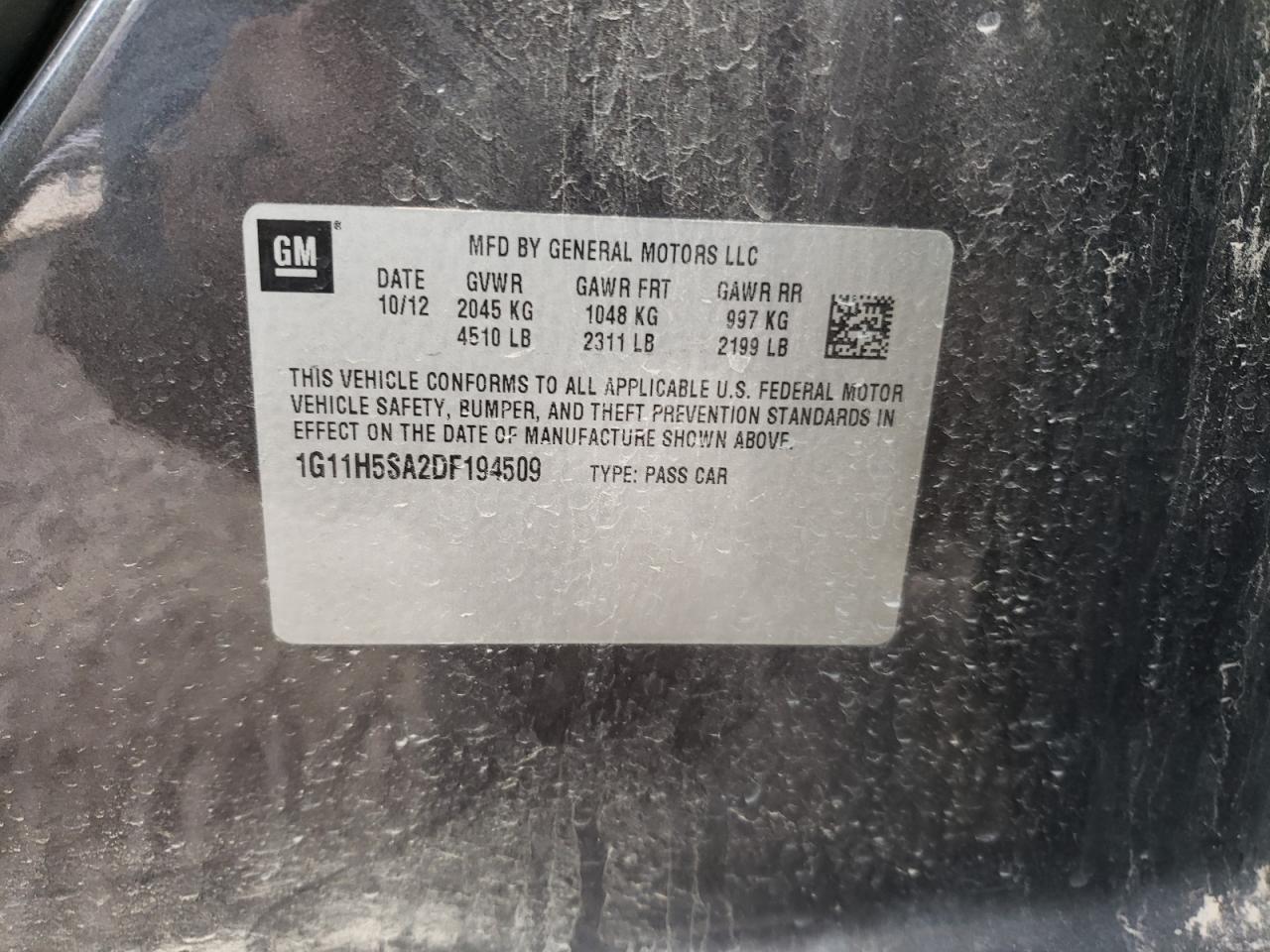 2013 Chevrolet Malibu VIN 1G11H5SA2DF194509 Copart auction photo, side / minor dent/scratches damage thumbnail 12