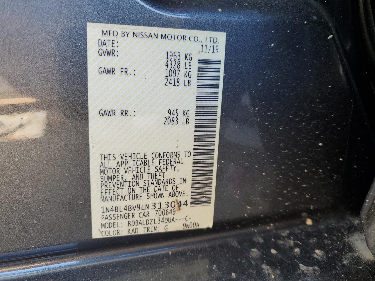 2020 Nissan Altima VIN 1N4BL4BV9LN313044 Copart auction photo, all over / undercarriage damage thumbnail 12