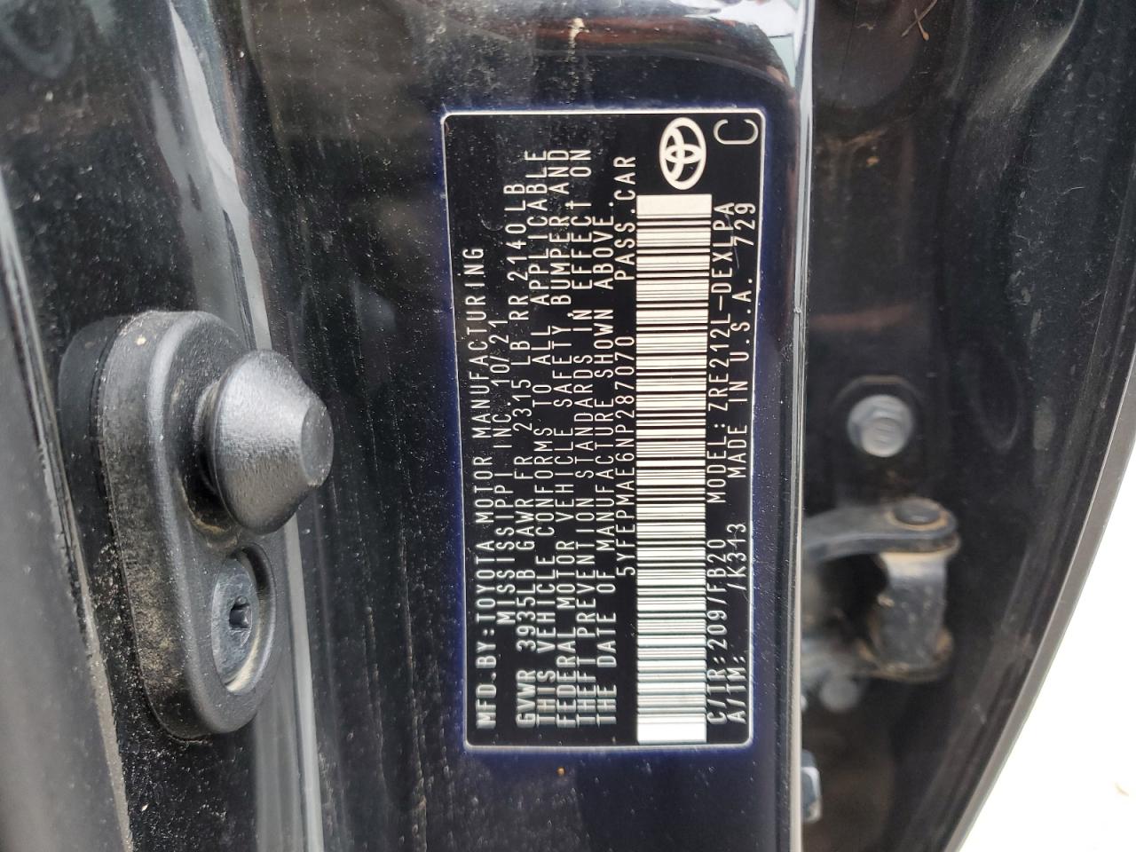 2022 Toyota Corolla VIN 5YFEPMAE6NP287070 Copart auction photo, water/flood damage thumbnail 12