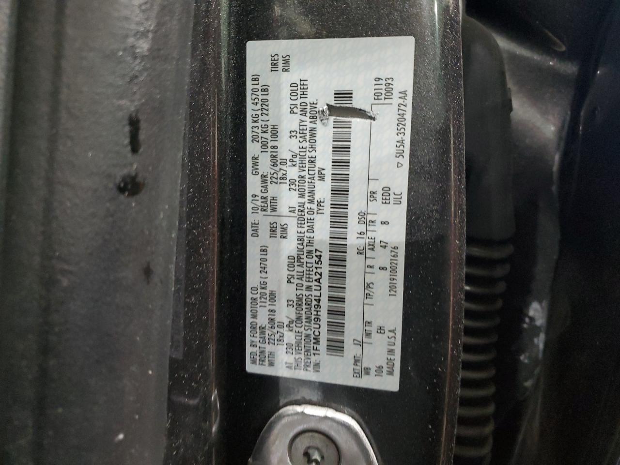2020 Ford Escape VIN 1FMCU9H94LUA21547 Copart auction photo, all over damage thumbnail 13