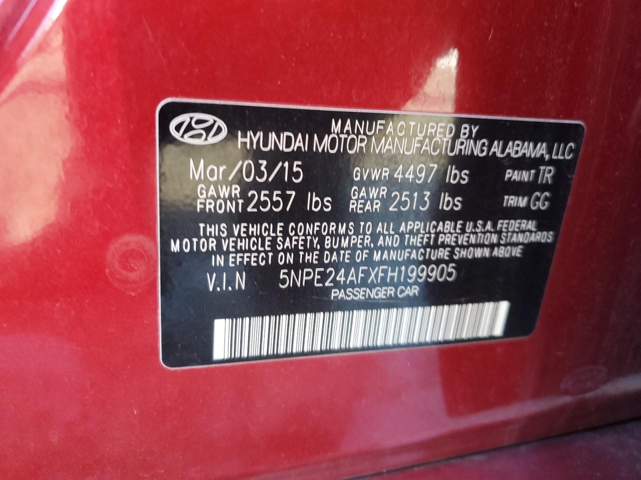 2015 Hyundai Sonata VIN 5NPE24AFXFH199905 Copart auction photo, minor dent/scratches / mechanical damage thumbnail 12
