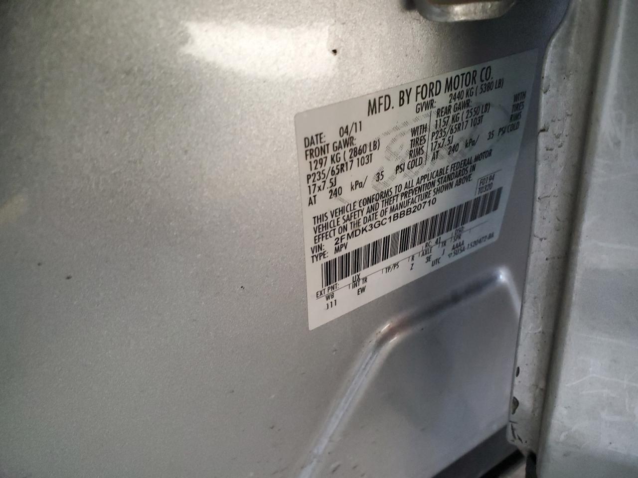 2011 Ford Edge VIN 2FMDK3GC1BBB20710 Copart auction photo, front end damage thumbnail 14